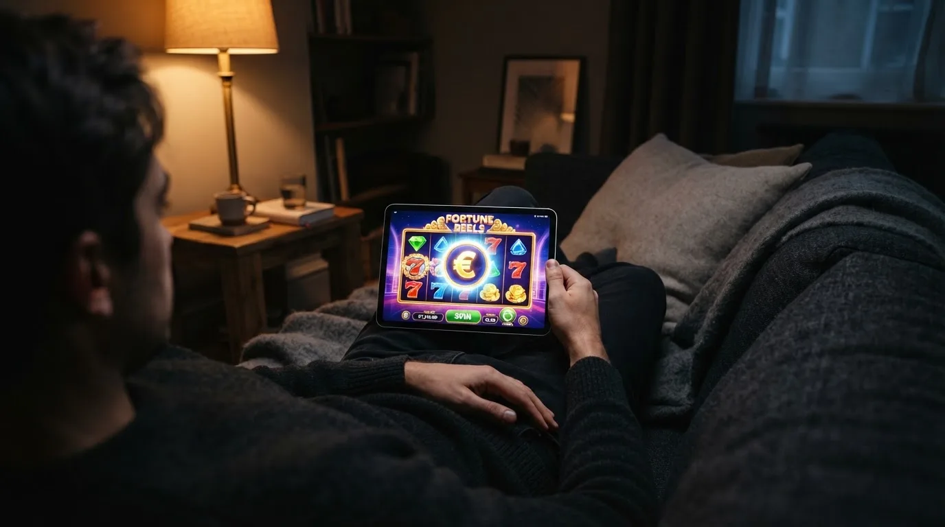 Person sitzt entspannt auf einem Sofa und blickt konzentriert auf ein Tablet in gedämpftem Wohnzimmerlicht am Abend.