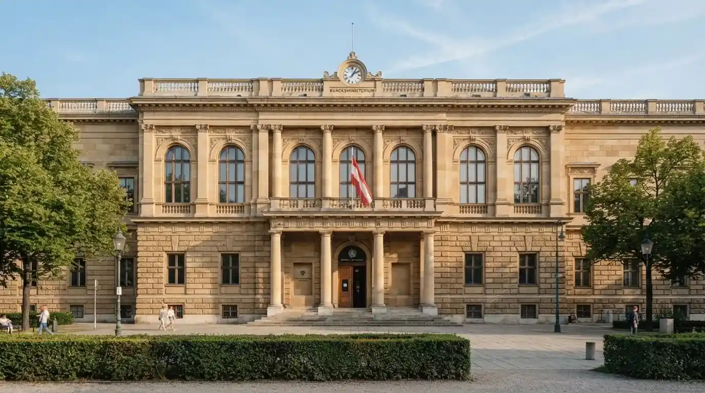 Fassade eines klassizistischen Wiener Amtsgebäudes mit österreichischer Flagge an einem klaren Nachmittag.