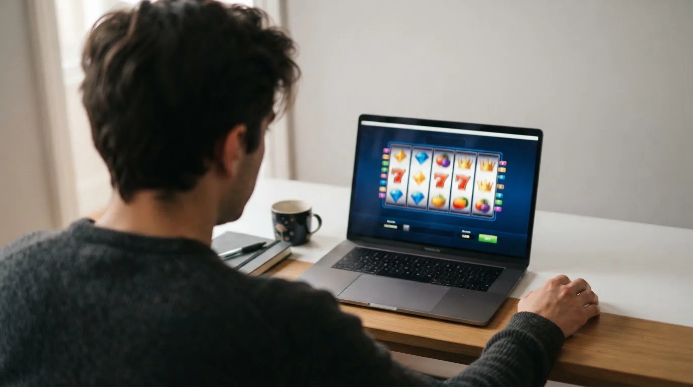 Person am Laptop liest eine Übersichtsseite zu Glücksspielen im Internet — 15 euro bonus ohne einzahlung casino
