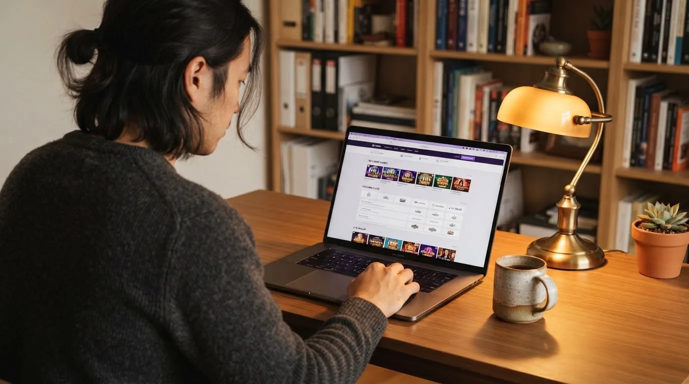 Person am Laptop liest eine Übersichtsseite zu Glücksspielen im Internet — 150 freispiele ohne einzahlung