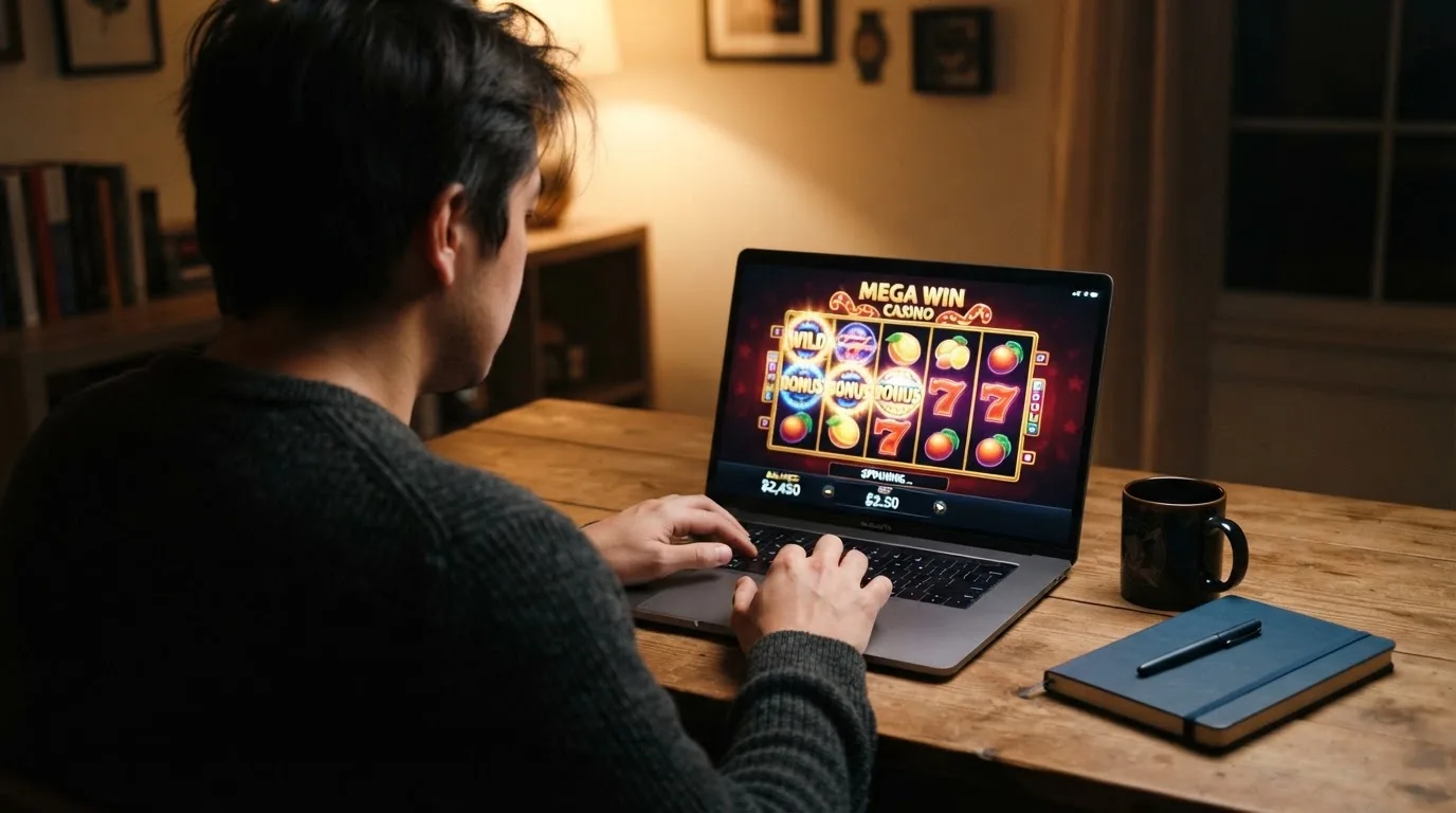 Person am Laptop liest eine Übersichtsseite zu Glücksspielen im Internet — 20 euro bonus ohne einzahlung casino
