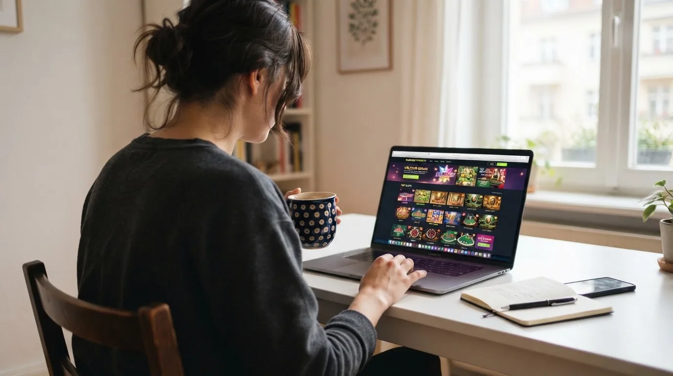 Person am Laptop liest eine Übersichtsseite zu Glücksspielen im Internet — 30 euro bonus ohne einzahlung casino