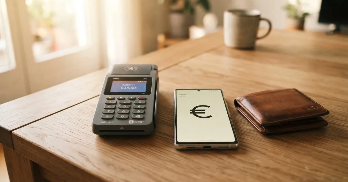 Kartenterminal und Smartphone auf einem Holztisch neben einer Geldbörse — 30 euro bonus ohne einzahlung casino