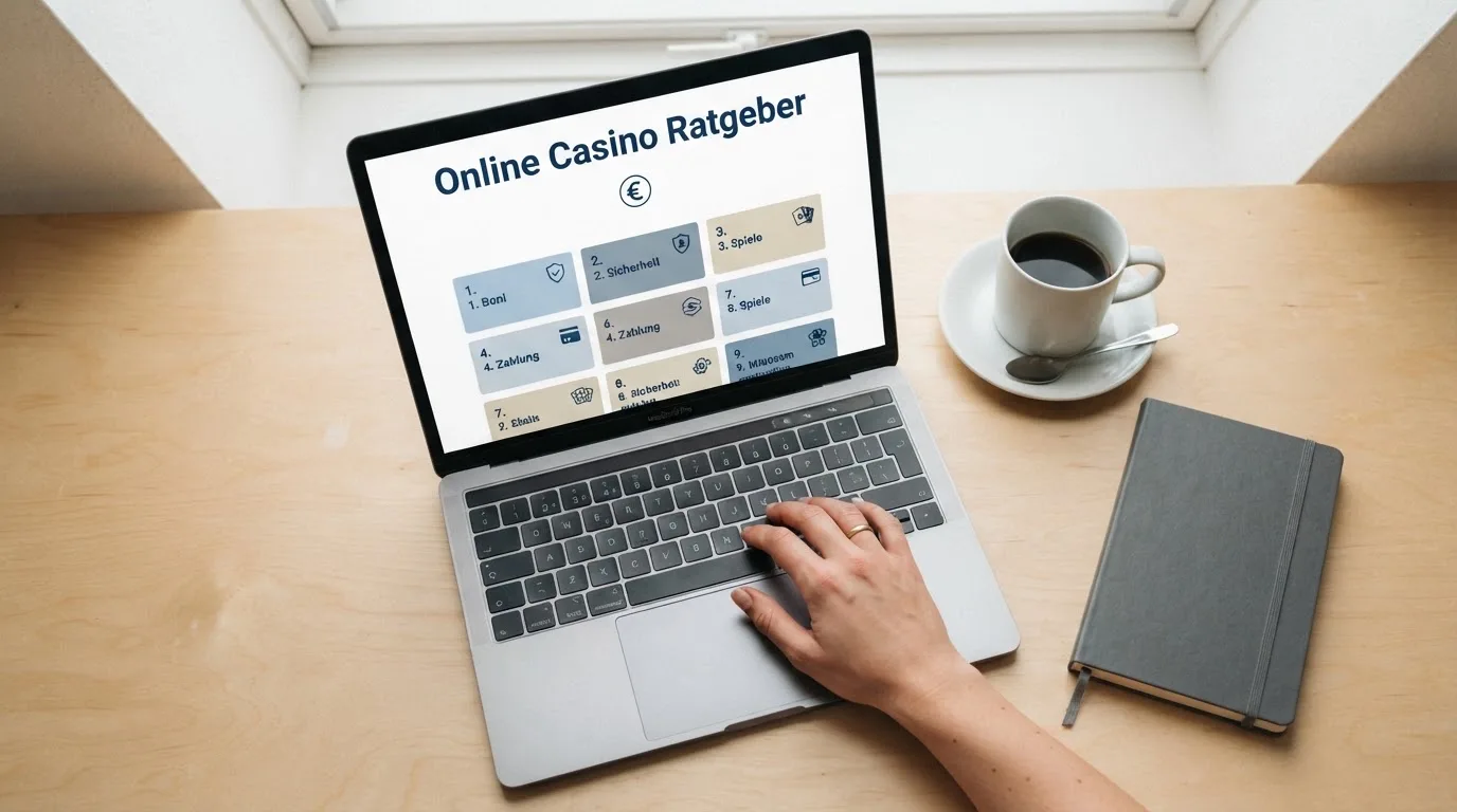 Person am Laptop liest eine Übersichtsseite zu Glücksspielen im Internet — 40 euro bonus ohne einzahlung casino