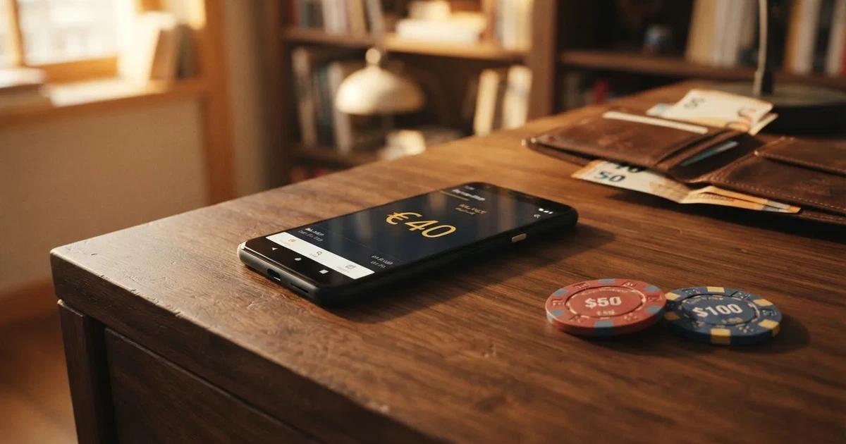 Kartenterminal und Smartphone auf einem Holztisch neben einer Geldbörse — 40 euro bonus ohne einzahlung casino