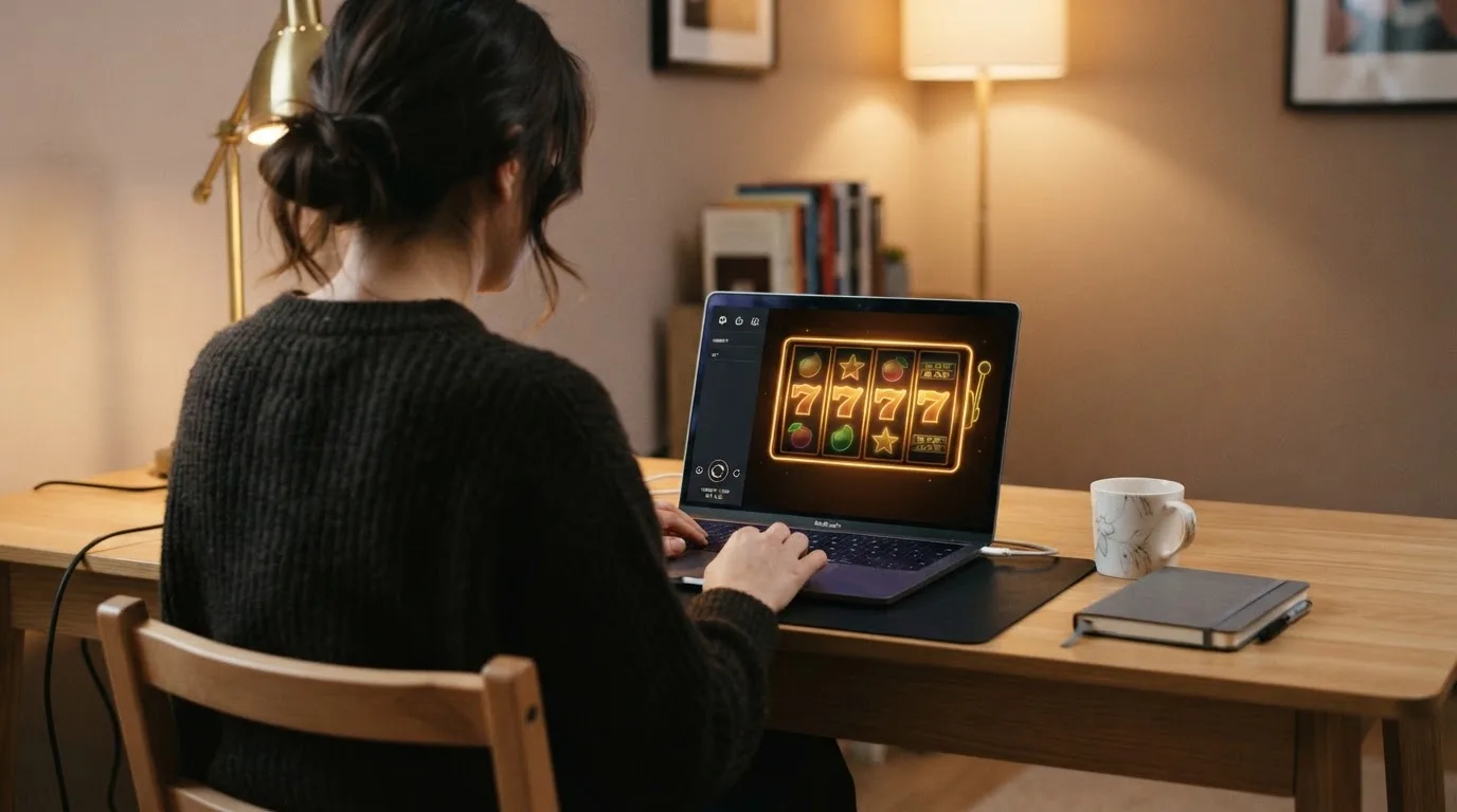 Person am Laptop liest eine Übersichtsseite zu Glücksspielen im Internet — 5 euro bonus ohne einzahlung casino