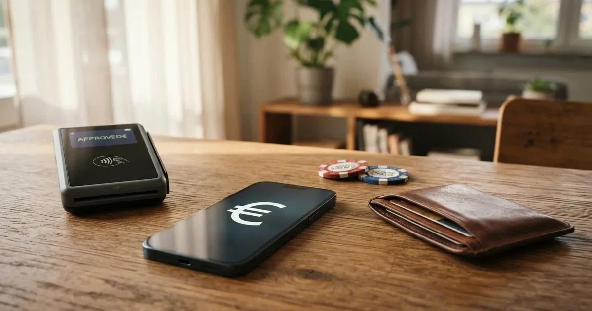 Kartenterminal und Smartphone auf einem Holztisch neben einer Geldbörse — 5 euro bonus ohne einzahlung casino