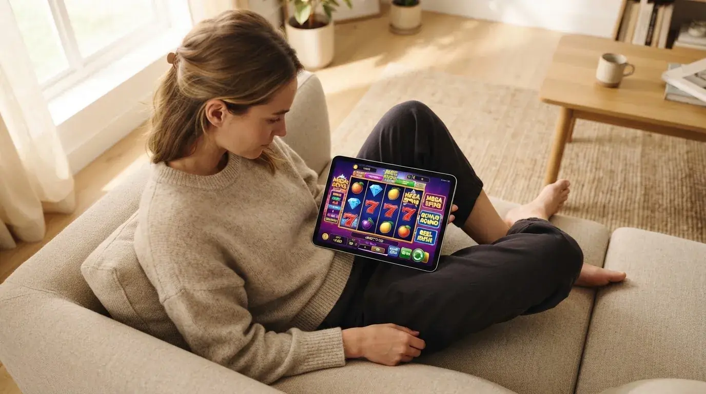 Person sitzt entspannt mit einem Tablet auf dem Schoß in einem hellen Wohnzimmer und blickt konzentriert auf den Bildschirm.