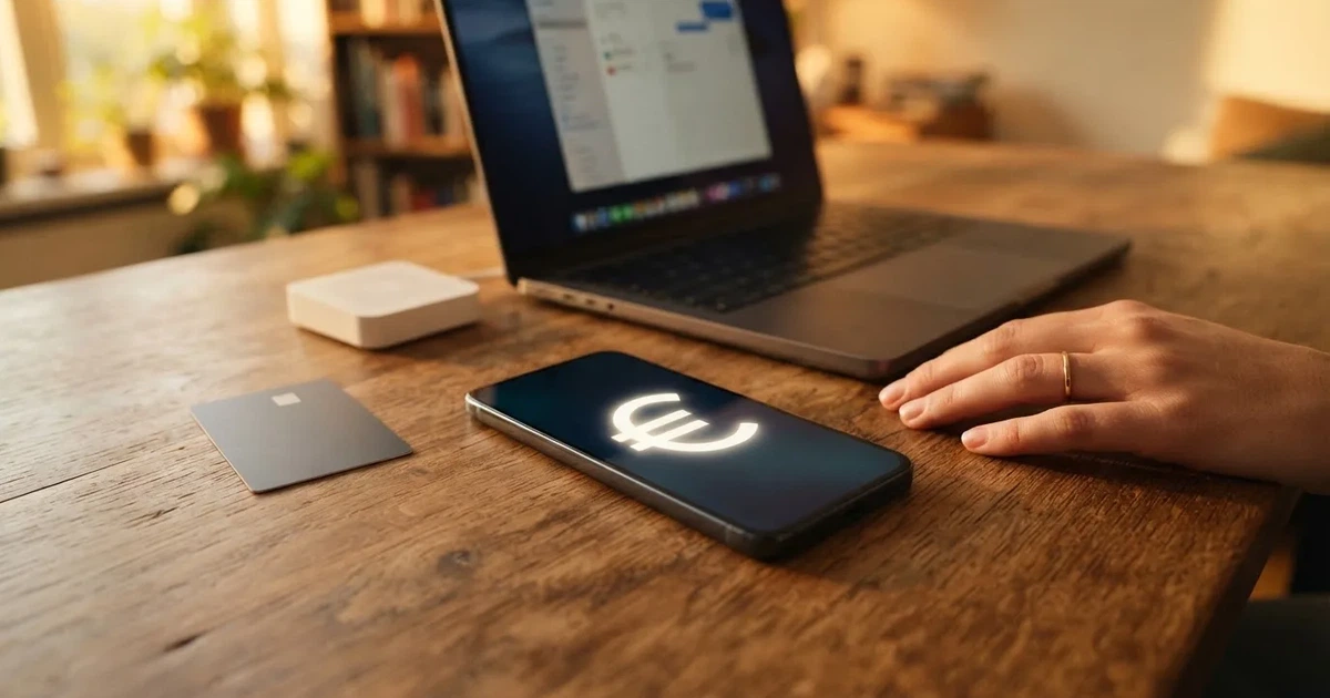 Nahaufnahme einer Hand, die eine Bankkarte in ein Kartenlesegerät neben einem Laptop auf einem Holztisch steckt.