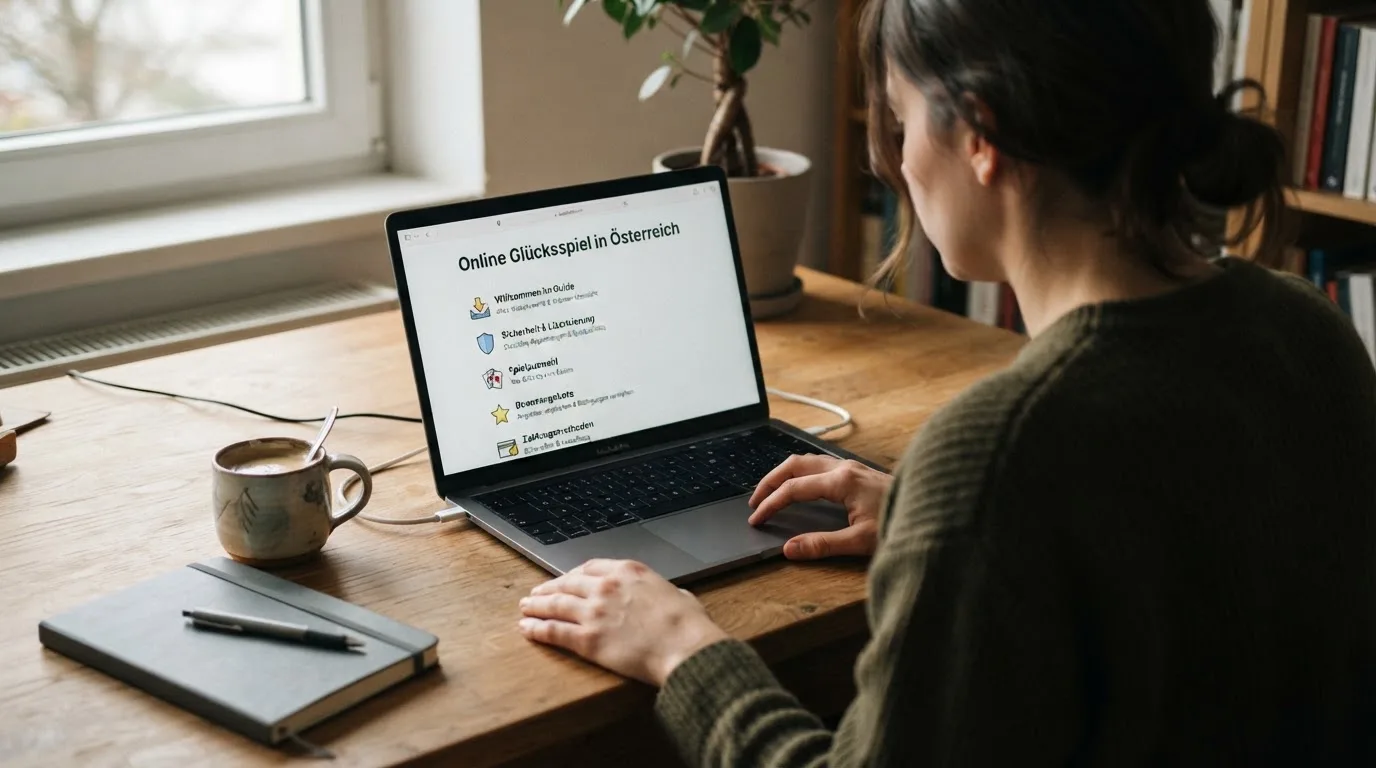 Person am Laptop liest eine Übersichtsseite zu Glücksspielen im Internet — aviator online casino