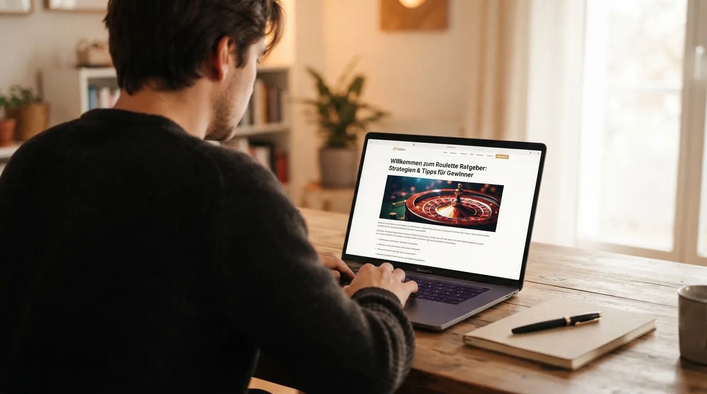 Person am Laptop liest eine Übersichtsseite zu Glücksspielen im Internet — best crypto casino österreich