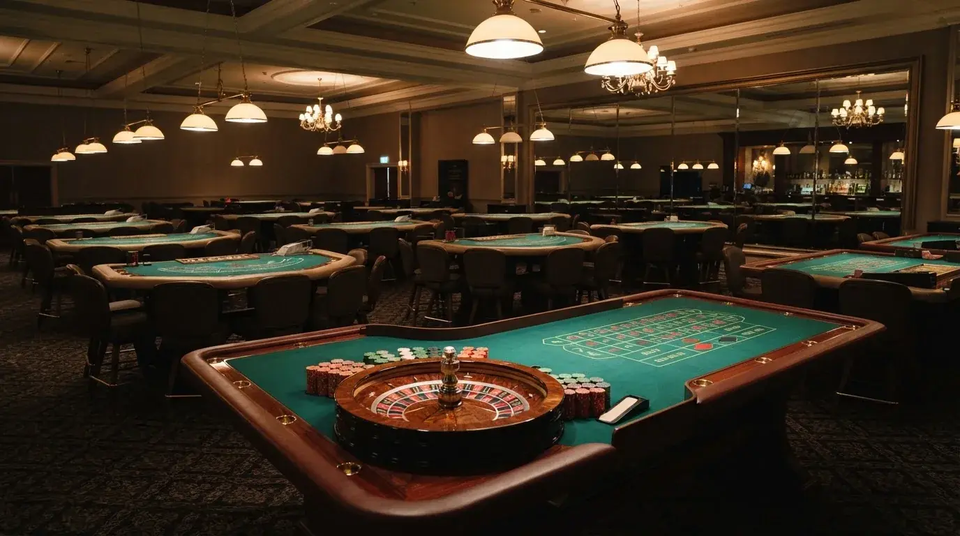 Weitwinkelaufnahme eines leeren, dezent beleuchteten Casino-Saals ohne Personen kurz vor der Öffnungszeit.