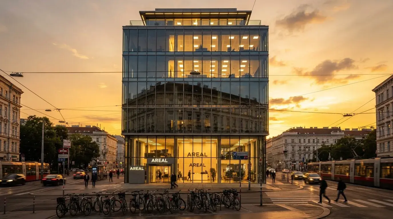Modernes Glasbürogebäude in Wien bei Sonnenuntergang, aufgenommen von einer belebten Straße aus.