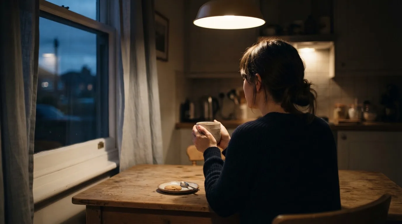 Person sitzt allein an einem Küchentisch mit einer Tasse Tee und blickt nachdenklich aus dem Fenster am Abend.