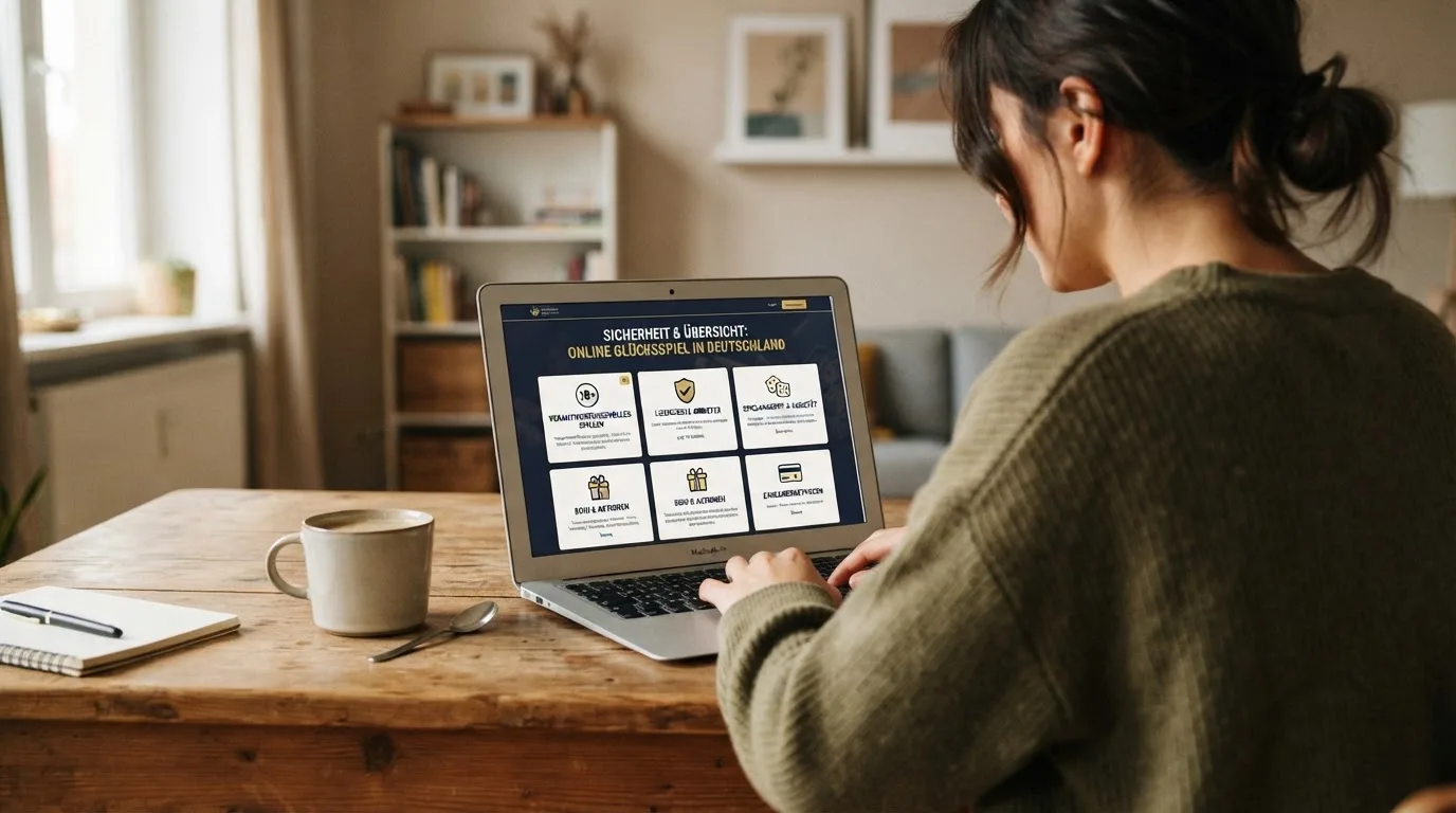 Person am Laptop liest eine Übersichtsseite zu Glücksspielen im Internet — beste casino mit schneller auszahlung