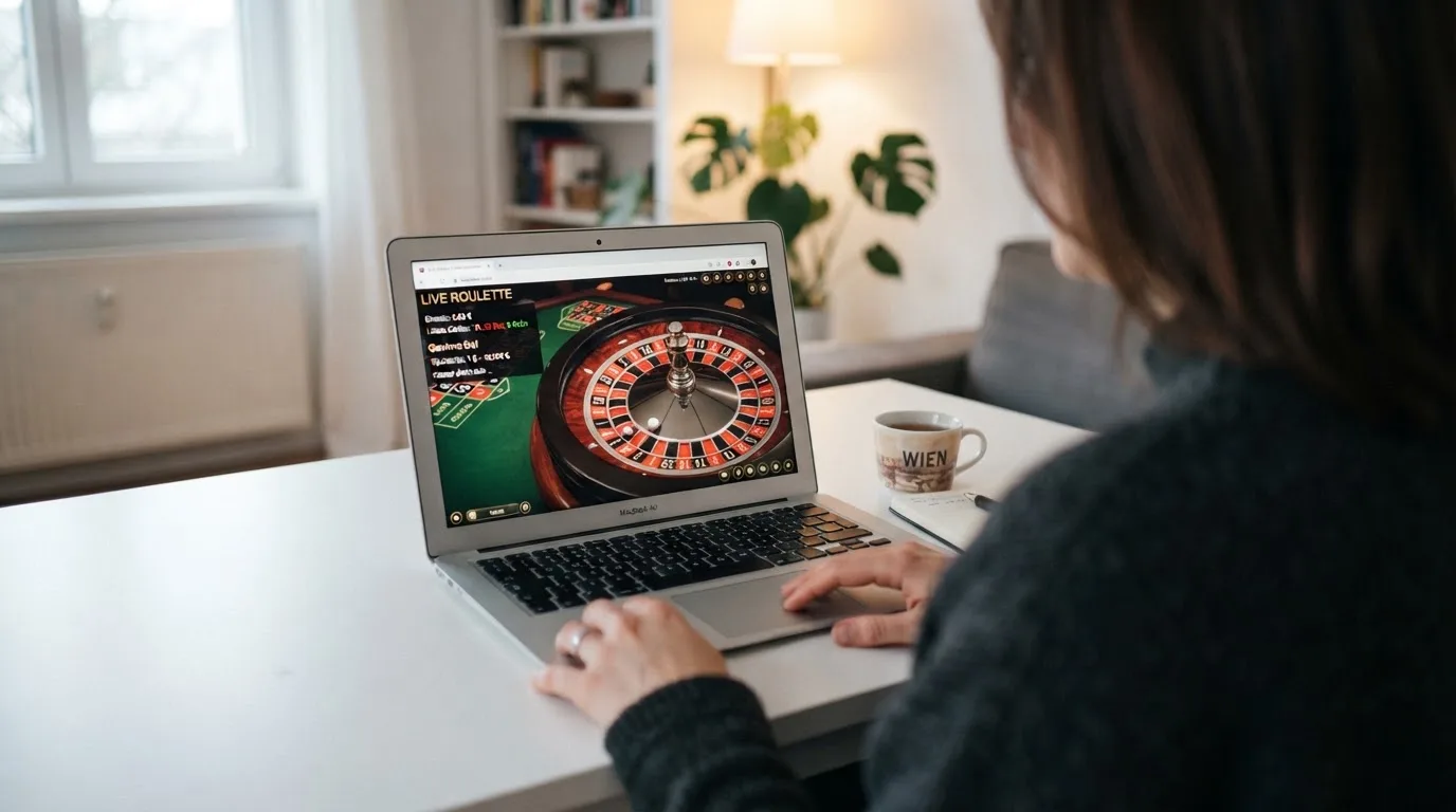 Person am Laptop liest eine Übersichtsseite zu Glücksspielen im Internet — beste casino ohne verifizierung auszahlen