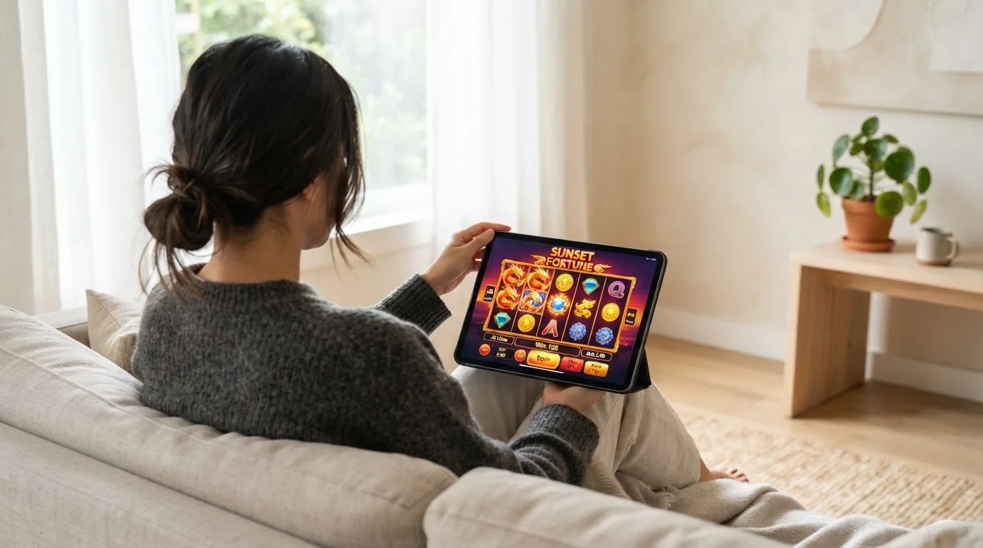 Person sitzt entspannt mit einem Tablet auf dem Schoß in einem hellen Wohnzimmer.