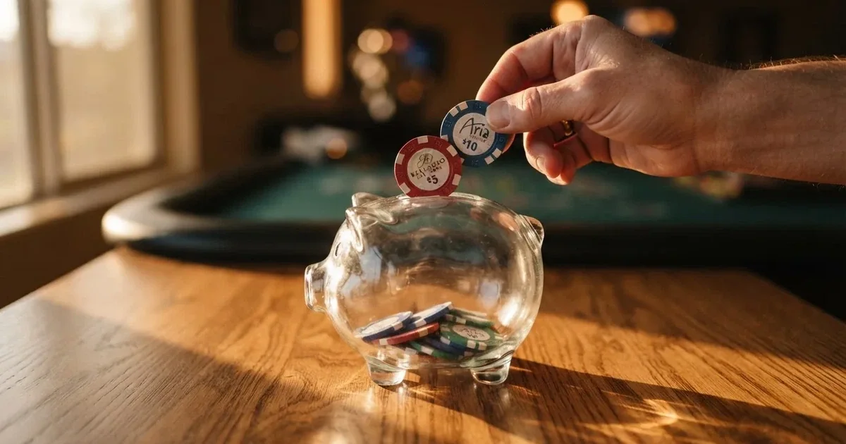 Nahaufnahme einer Hand, die Münzen in ein Sparschwein aus Glas auf einem Holztisch steckt.
