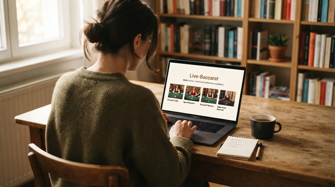 Person am Laptop liest eine Übersichtsseite zu Glücksspielen im Internet — beste live baccarat österreich