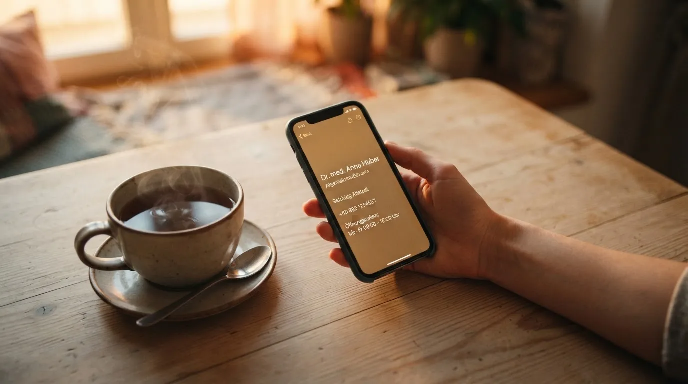 Hand hält ein Smartphone, daneben eine Tasse Tee, ruhige Abendstimmung am Küchentisch — beste online casino ausland