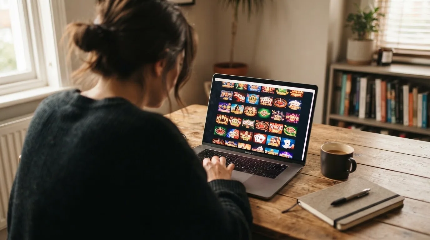 Person am Laptop liest eine Übersichtsseite zu Glücksspielen im Internet — beste online casino echtgeld app