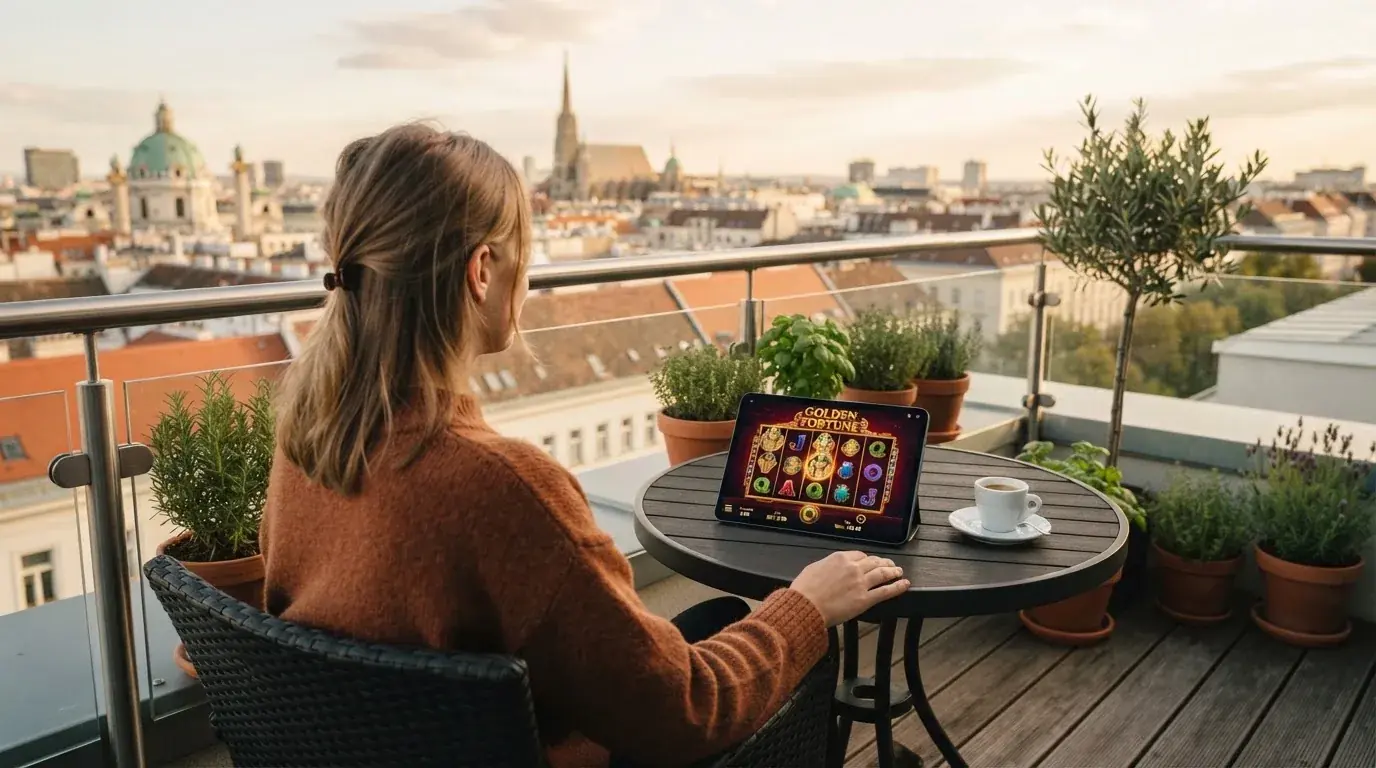 Person sitzt entspannt mit einem Tablet auf dem Balkon eines modernen Apartments.