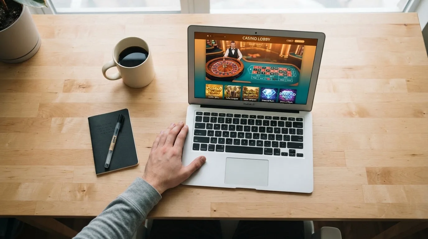 Person am Laptop liest eine Übersichtsseite zu Glücksspielen im Internet — beste online casino mit cashtocode bezahlen