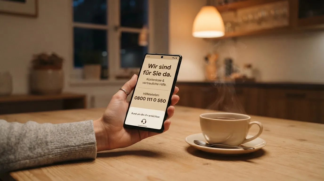 Hand hält ein Smartphone, daneben eine Tasse Tee, ruhige Abendstimmung am Küchentisch — beste online casino österreich