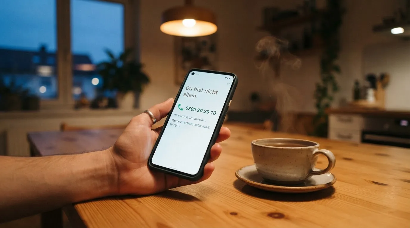 Hand hält ein Smartphone, daneben eine Tasse Tee, ruhige Abendstimmung am Küchentisch — beste online casinos echtgeld