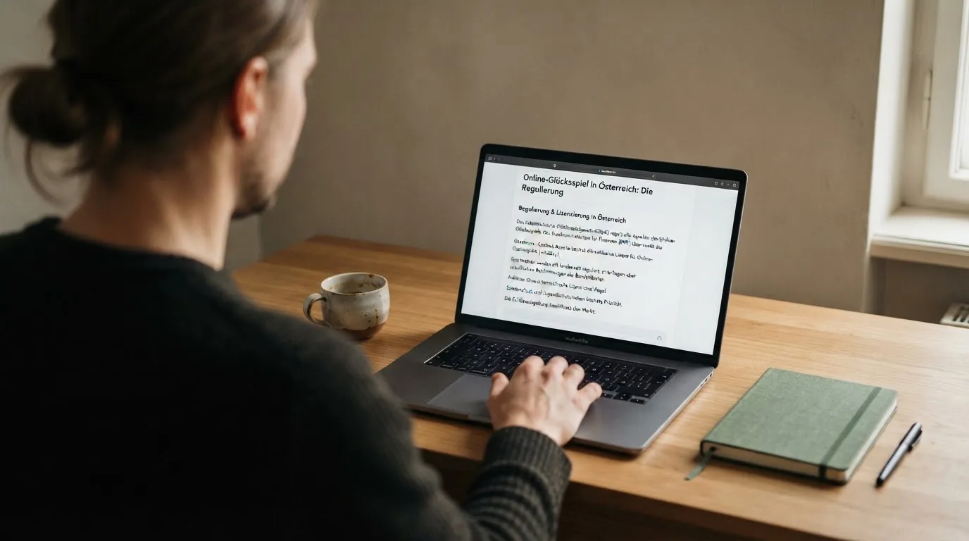 Person am Laptop liest eine Übersichtsseite zu Glücksspielen im Internet — beste online casinos mit österreichischer lizenz