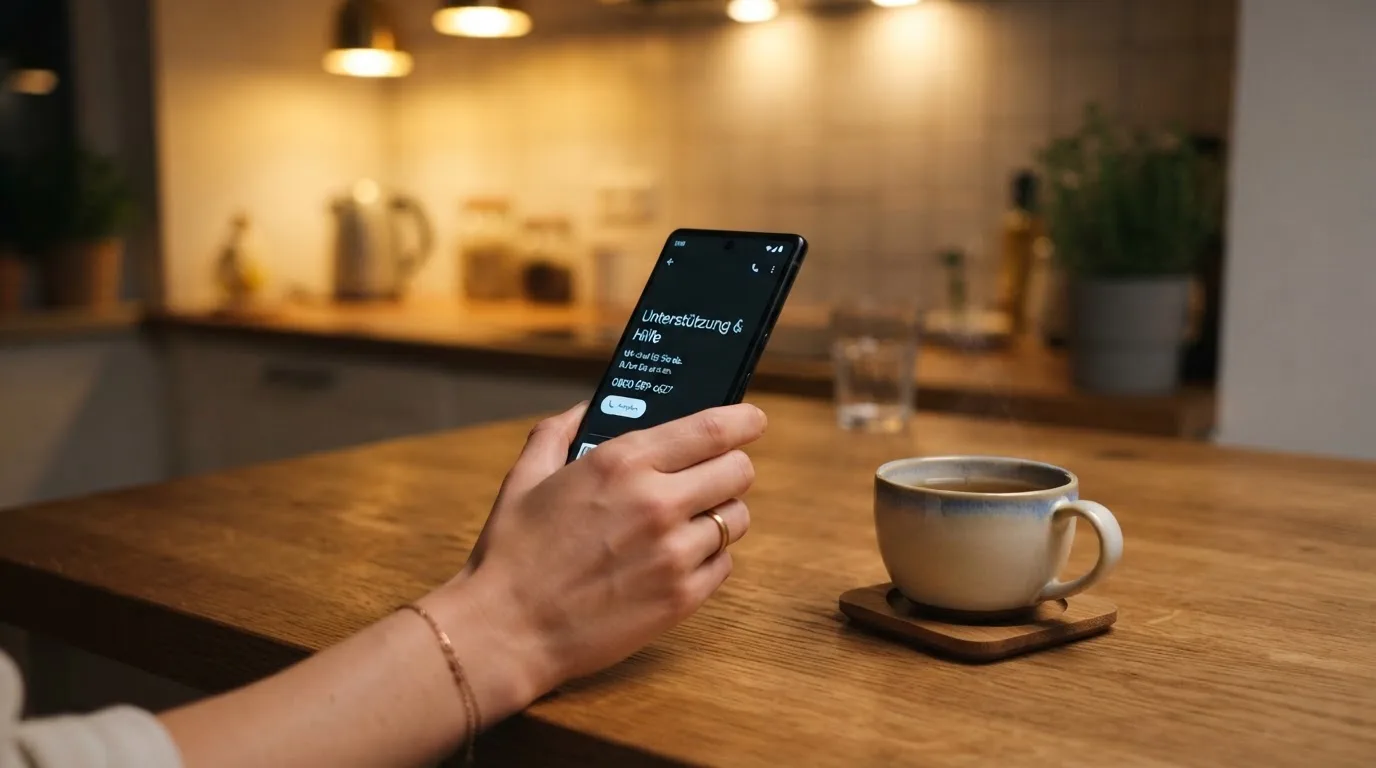 Hand hält ein Smartphone, daneben eine Tasse Tee, ruhige Abendstimmung am Küchentisch — beste online casinos mit österreichischer lizenz