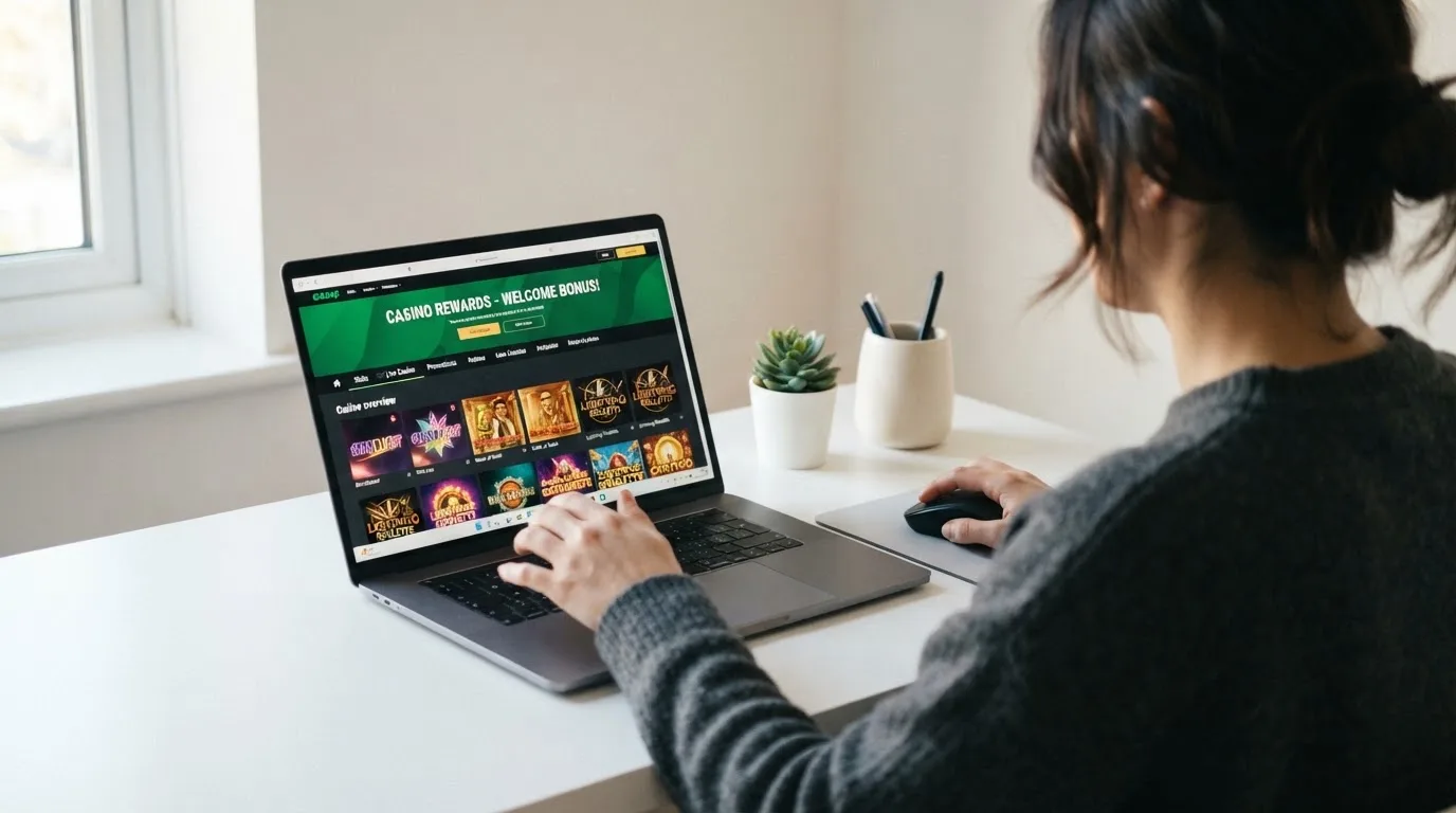 Person am Laptop liest eine Übersichtsseite zu Glücksspielen im Internet — beste online casinos österreich mit no deposit bonus