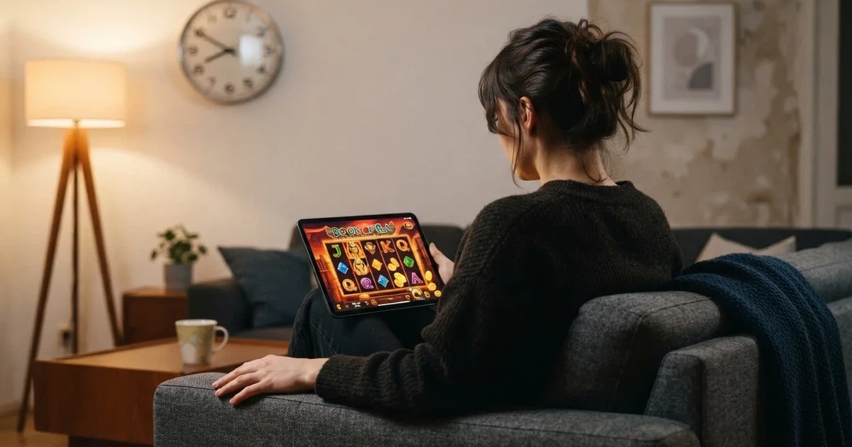 Person am Sofa schaut nachdenklich auf ein Tablet, im Hintergrund eine Uhr — beste online casinos österreich mit no deposit bonus