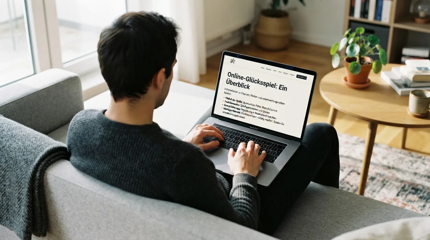 Person am Laptop liest eine Übersichtsseite zu Glücksspielen im Internet — beste online casinos ohne limit