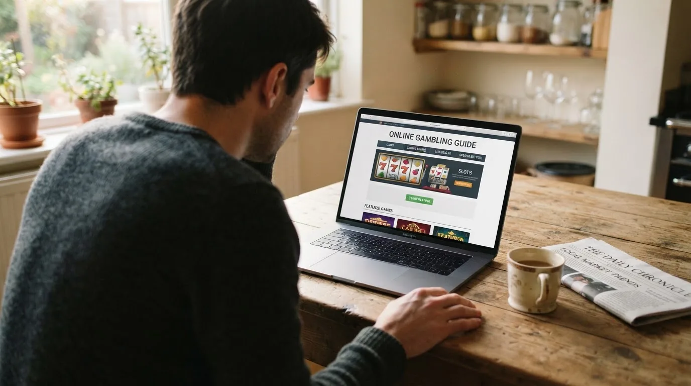 Person am Laptop liest eine Übersichtsseite zu Glücksspielen im Internet — beste online casinos ohne verifizierung