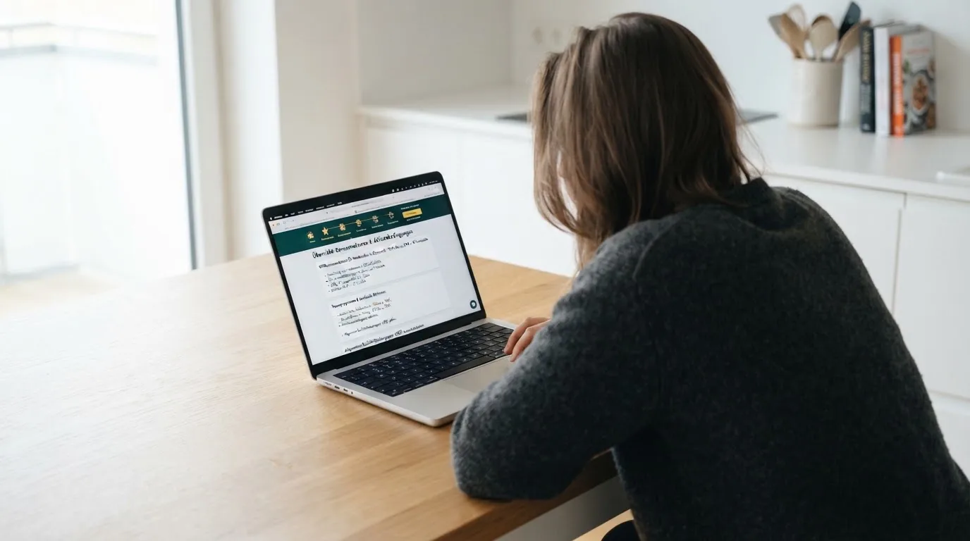 Person am Laptop liest eine Übersichtsseite zu Glücksspielen im Internet — bester willkommensbonus online casino