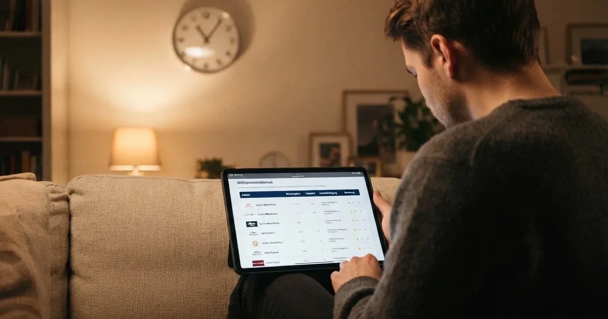 Person am Sofa schaut nachdenklich auf ein Tablet, im Hintergrund eine Uhr — bester willkommensbonus online casino