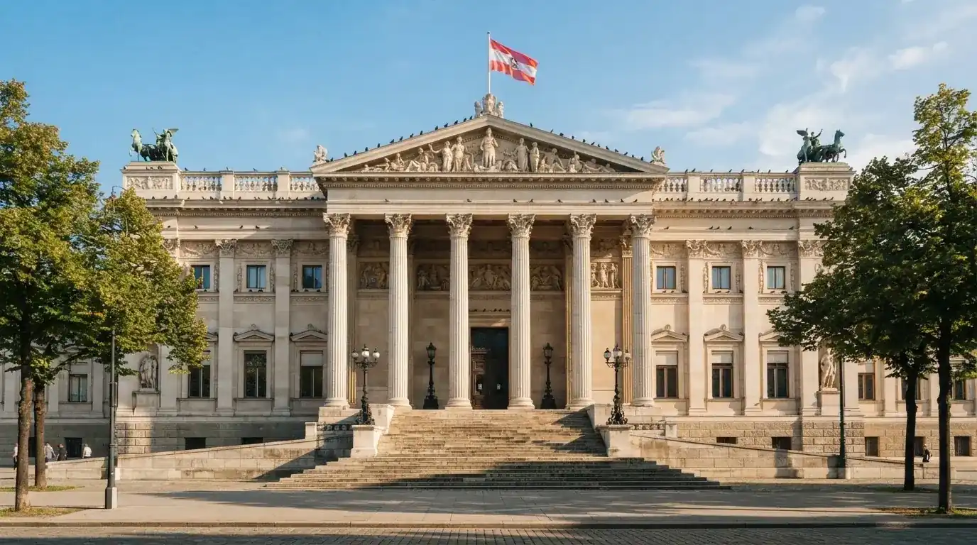 Fassade eines klassizistischen Wiener Amtsgebäudes mit österreichischer Flagge an einem klaren Nachmittag.