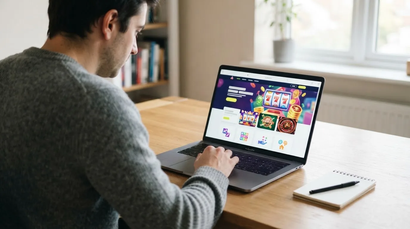 Person am Laptop liest eine Übersichtsseite zu Glücksspielen im Internet — casino bonus ohne einzahlung