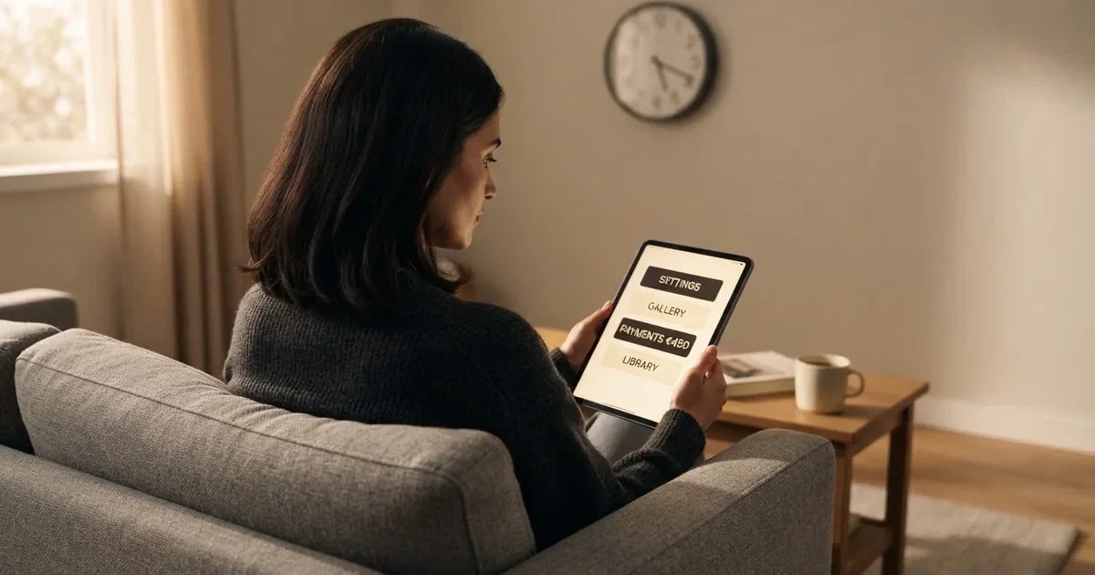 Person am Sofa schaut nachdenklich auf ein Tablet, im Hintergrund eine Uhr — casino bonus ohne einzahlung
