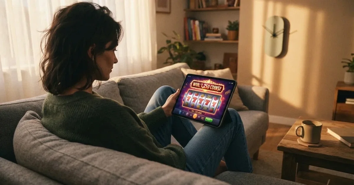 Person am Sofa schaut nachdenklich auf ein Tablet, im Hintergrund eine Uhr — casino guthaben ohne einzahlung