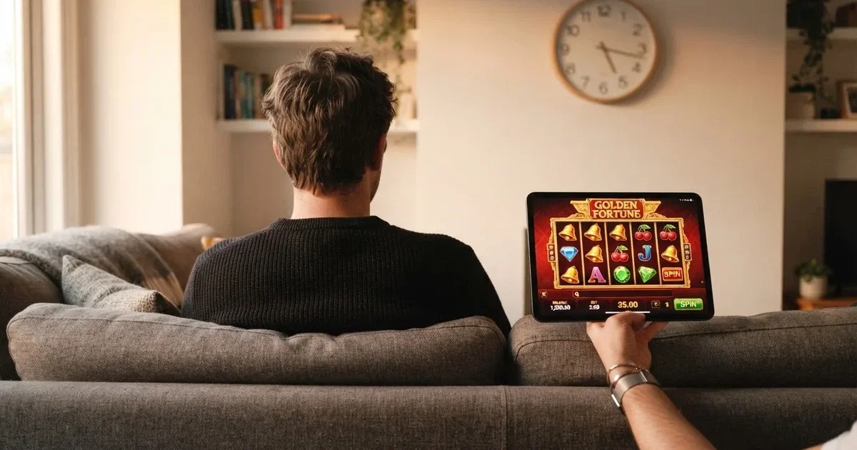 Person am Sofa schaut nachdenklich auf ein Tablet, im Hintergrund eine Uhr — casino online mit bonus ohne einzahlung