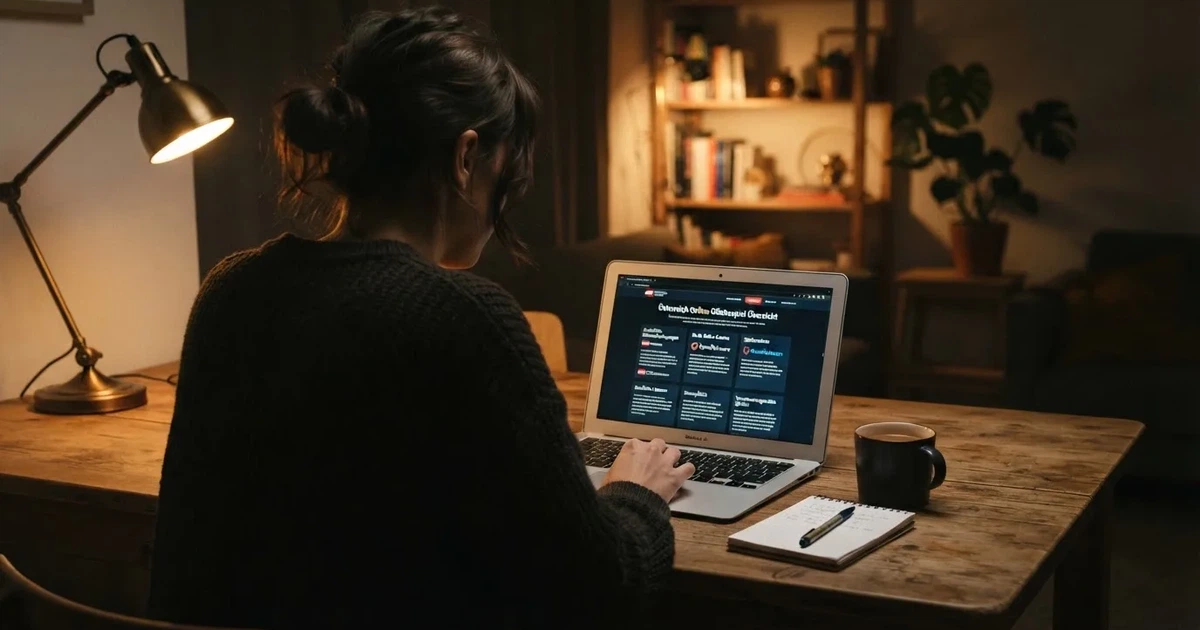 Person am Laptop liest eine Übersichtsseite zu Glücksspielen im Internet — freie 90 tage qualifikationszeitraum casino