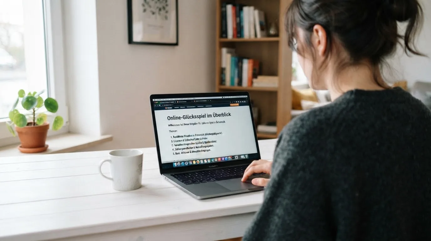 Person am Laptop liest eine Übersichtsseite zu Glücksspielen im Internet — handy casino echtgeld bonus ohne einzahlung