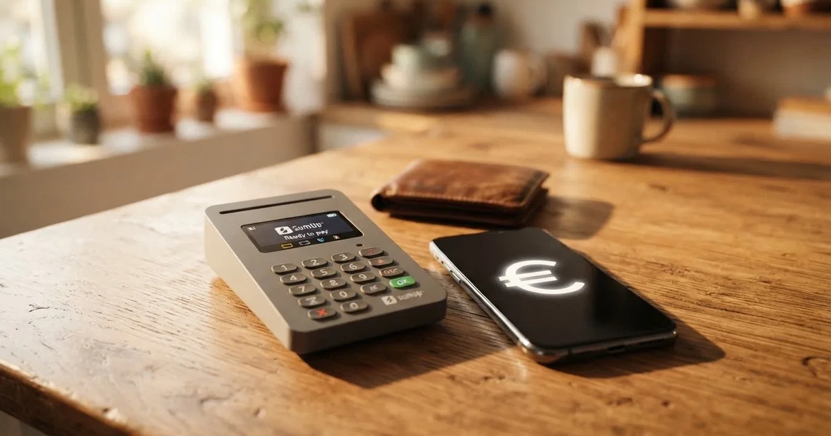 Kartenterminal und Smartphone auf einem Holztisch neben einer Geldbörse — handy casino echtgeld bonus ohne einzahlung