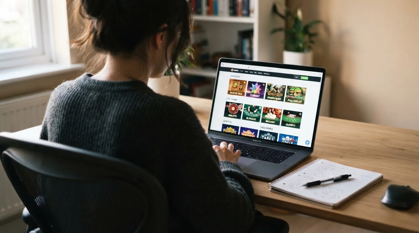 Person am Laptop liest eine Übersichtsseite zu Glücksspielen im Internet — online casino ohne auszahlungslimit