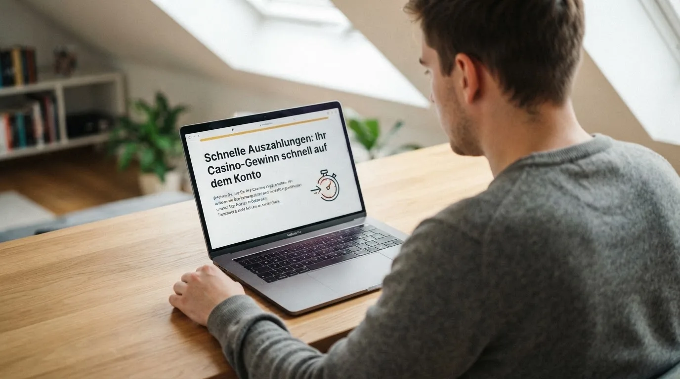 Person am Laptop liest eine Übersichtsseite zu Glücksspielen im Internet — online casino schnelle auszahlung