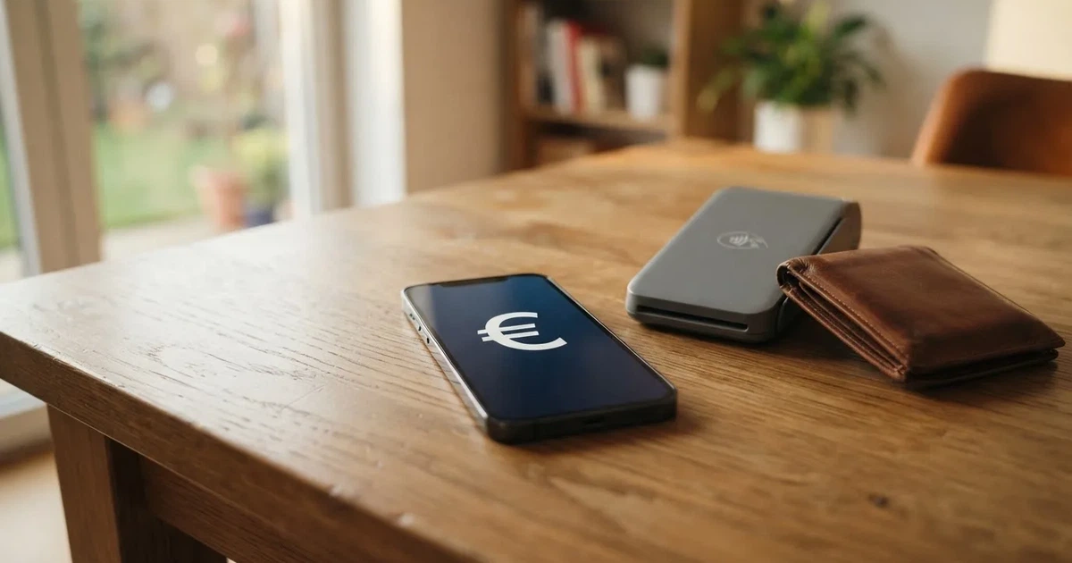 Kartenterminal und Smartphone auf einem Holztisch neben einer Geldbörse — online casino schnelle auszahlung